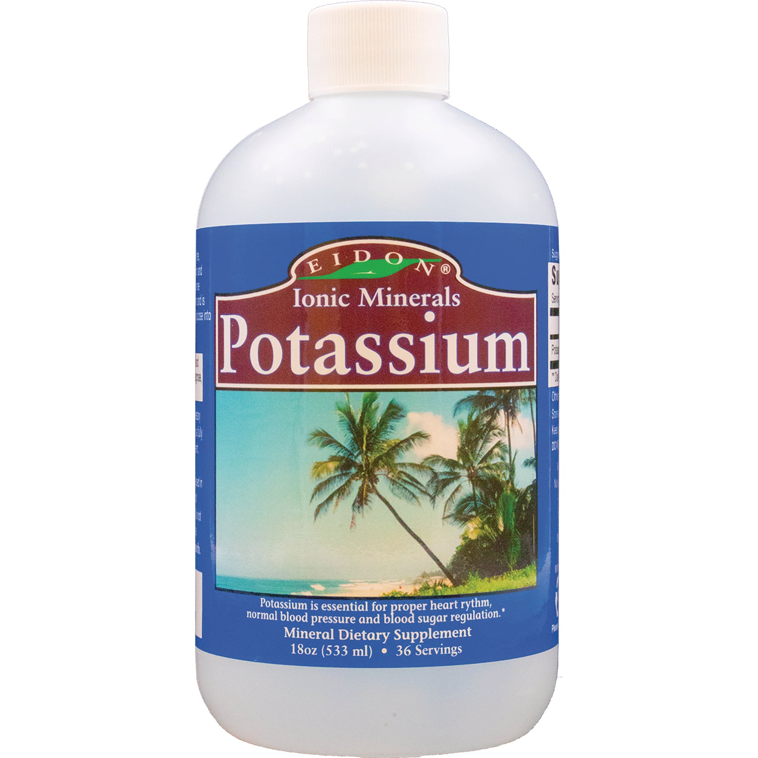 EIM005 | White bottle labeled Potassium Ionic Minerals mineral supplement with palm tree beach label, 18 oz