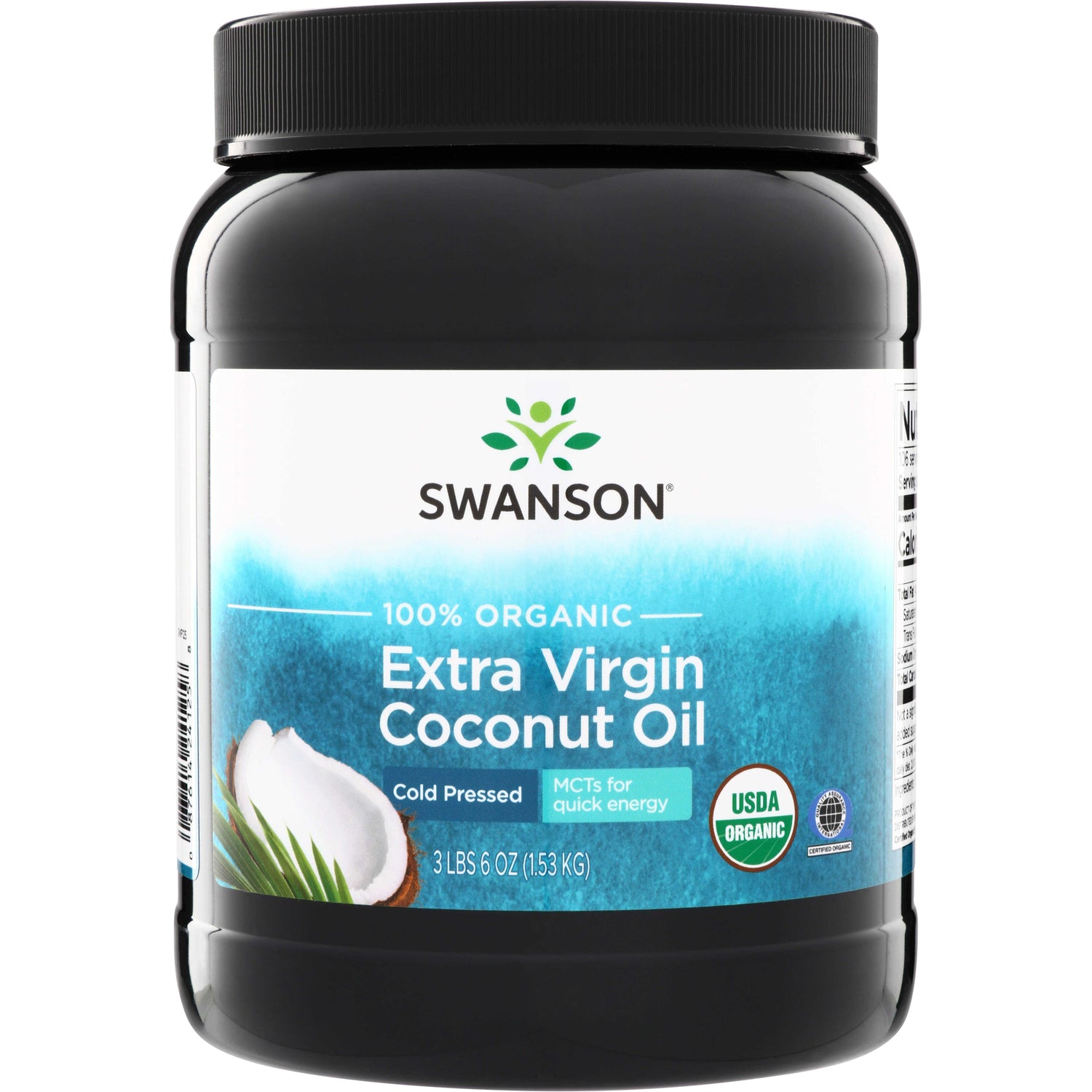 SWF125 | Swanson jar of 100% Organic Extra Virgin Coconut Oil, cold pressed, 3 lbs 6 oz