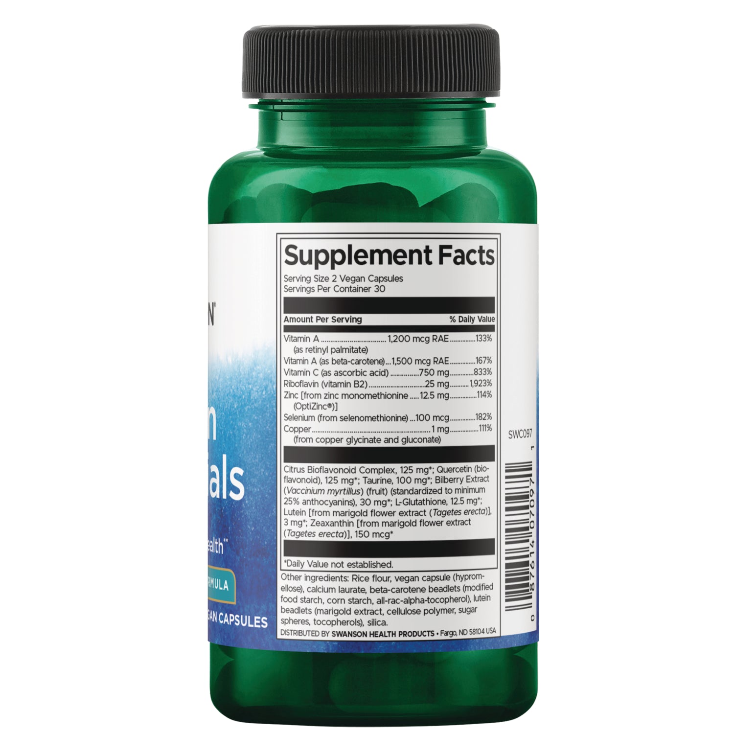 SWC098 | Back of supplement bottle showing Supplement Facts panel and ingredients label