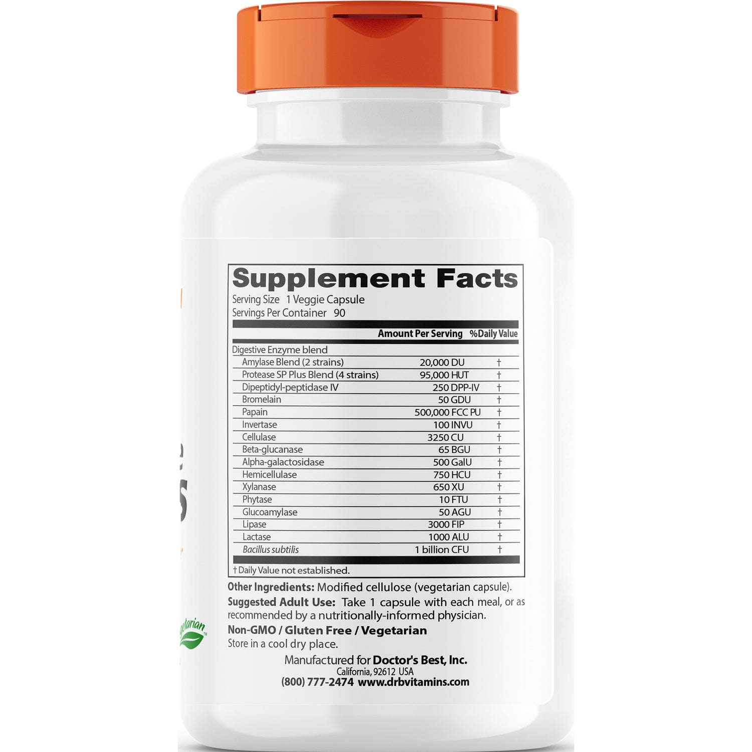 DB080 | back of white supplement bottle showing Supplement Facts panel and serving size 1 Veggie Capsule