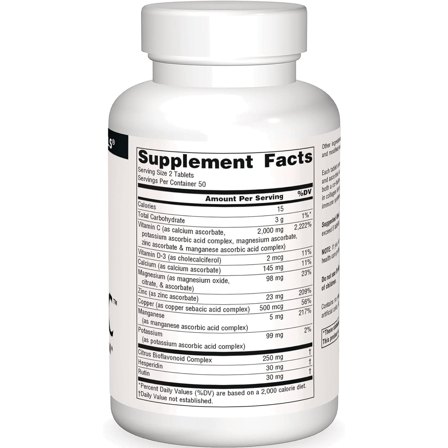 SN782 | Back label supplement facts panel on white vitamin bottle