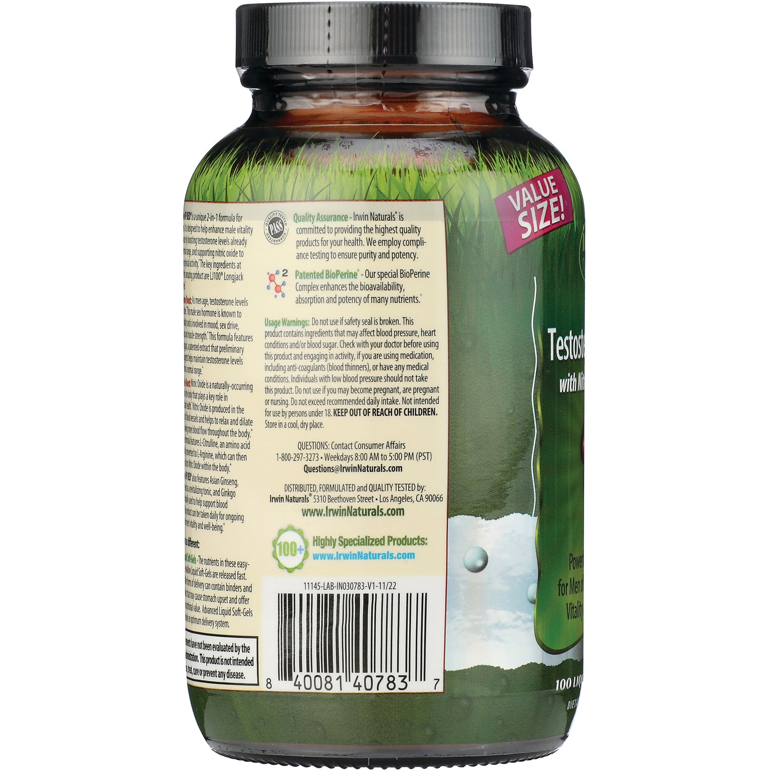 IR265 | back label showing usage warnings, barcode and VALUE SIZE badge