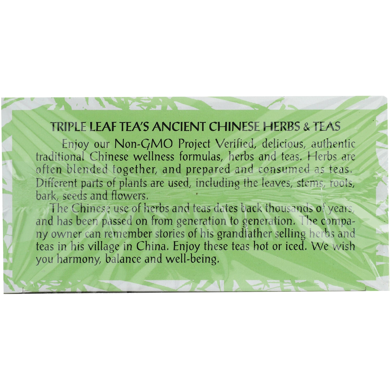 TLT001 | Back panel text: Triple Leaf Teas Ancient Chinese Herbs & Teas story; Non-GMO Project Verified