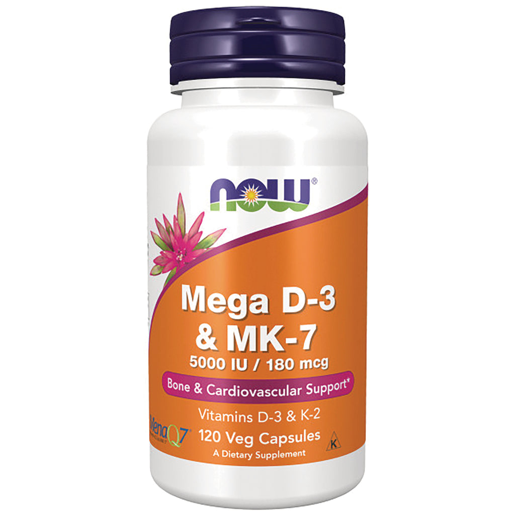 NWF1362 | NOW Mega D-3 & MK-7 5000 IU 120 veg capsules bottle front - Thumbnail