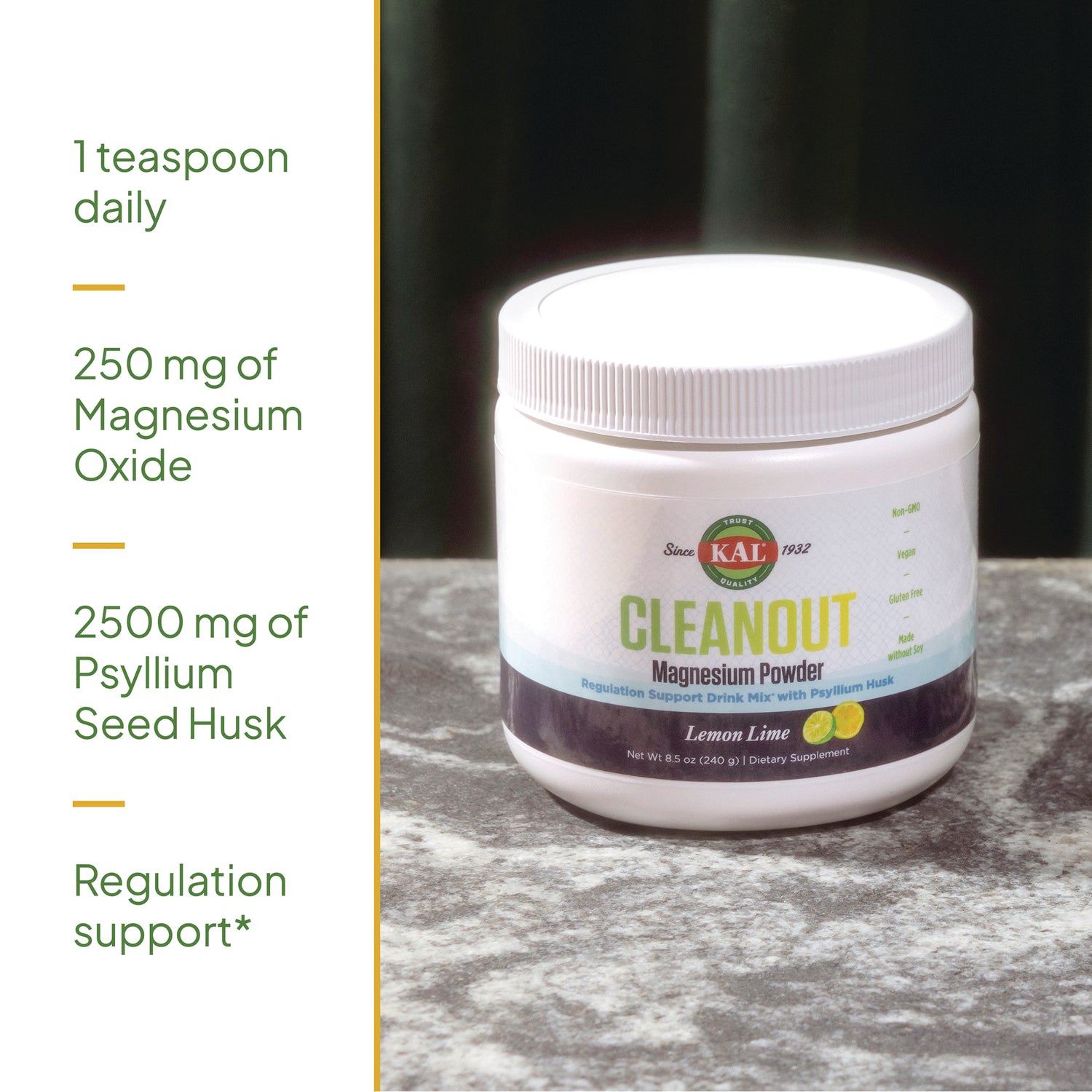 KL590 | KAL Cleanout magnesium powder tub on countertop with sidebar text listing 1 teaspoon daily, 250 mg magnesium oxide, 2500 mg psyllium