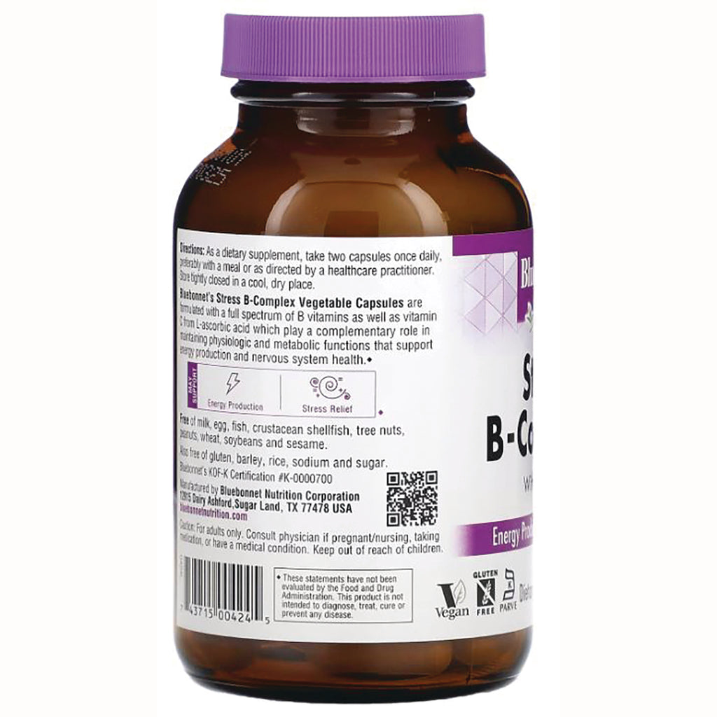 BLU115 | Back label of brown supplement bottle showing ingredients, dosage instructions, barcode and certification icons - Thumbnail