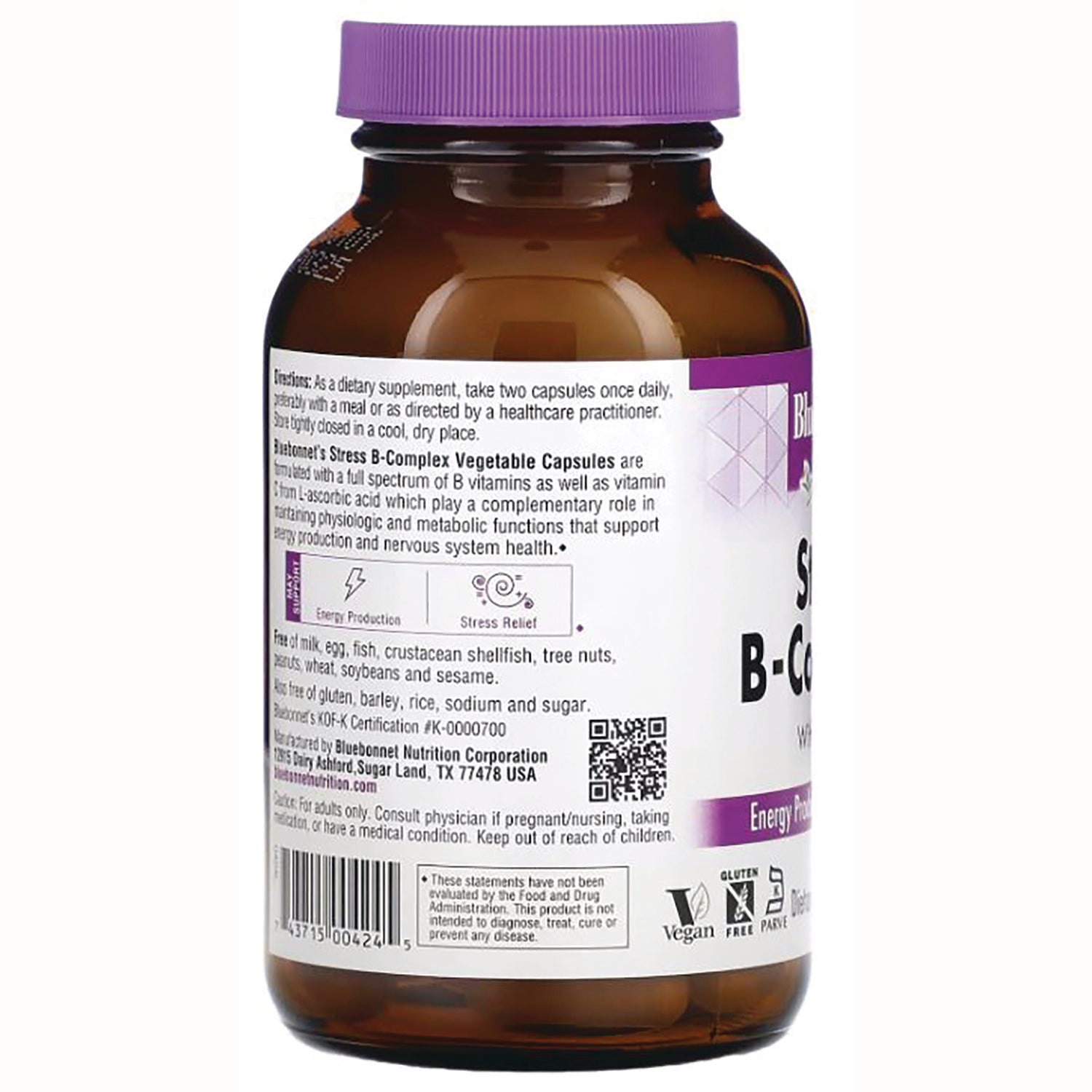 BLU115 | Back label of brown supplement bottle showing ingredients, dosage instructions, barcode and certification icons