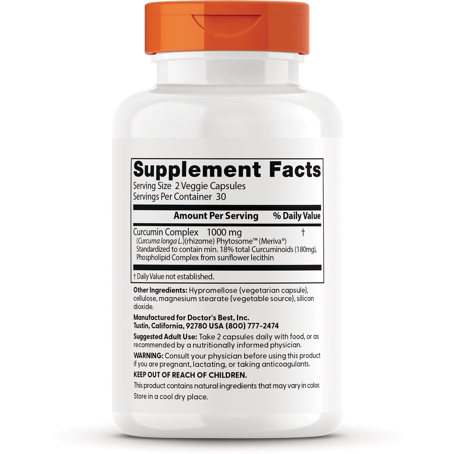 DB121 | Back of white supplement bottle with orange cap showing Supplement Facts panel, ingredients, suggested use and warning text