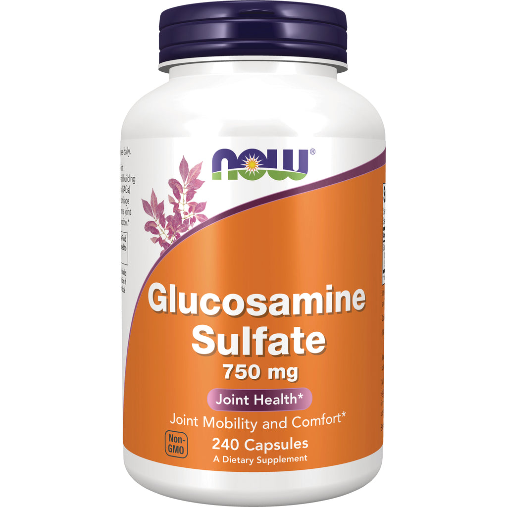 NWF1049 | NOW Glucosamine Sulfate 750 mg supplement bottle, orange label, 240 capsules front view - Thumbnail