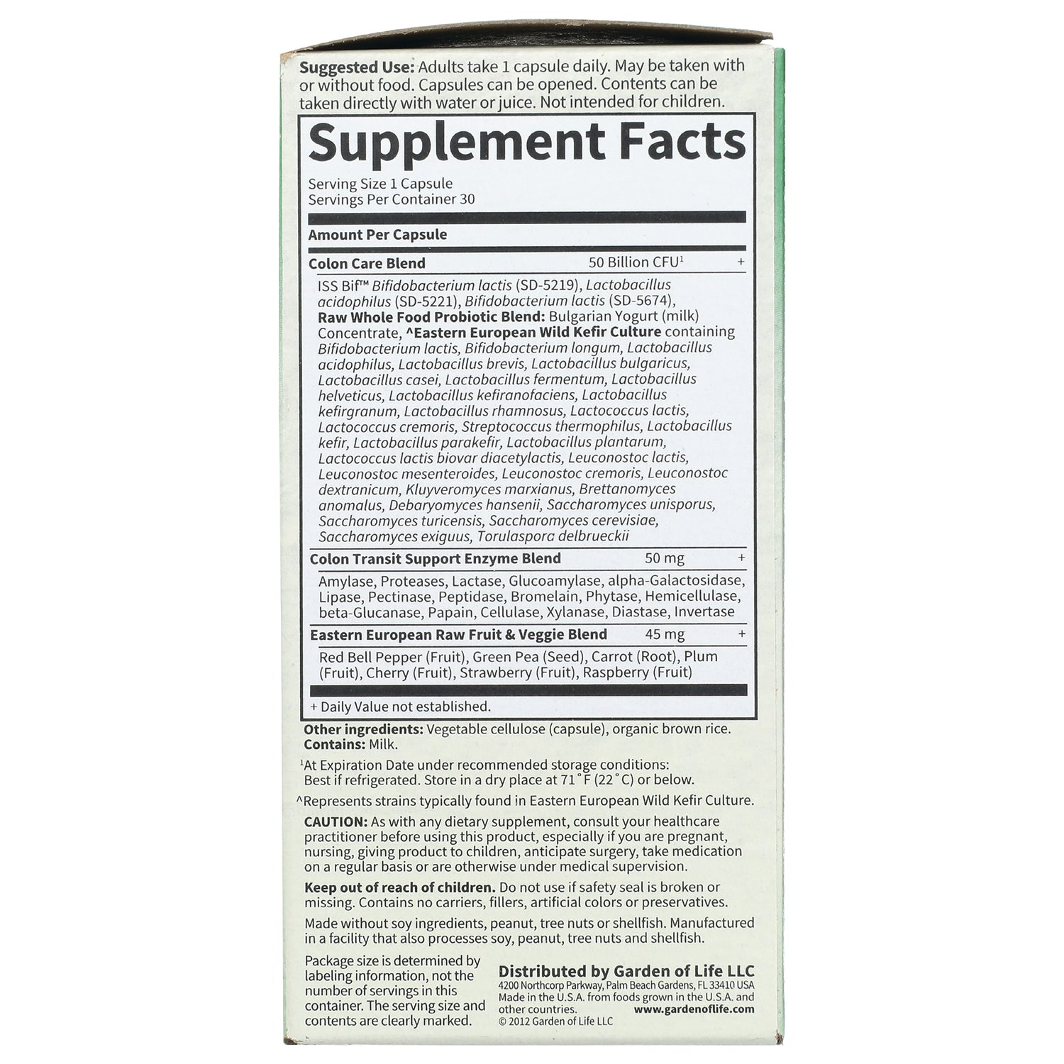 GLF152 | Supplement Facts panel with ingredient list and directions on back of probiotic box