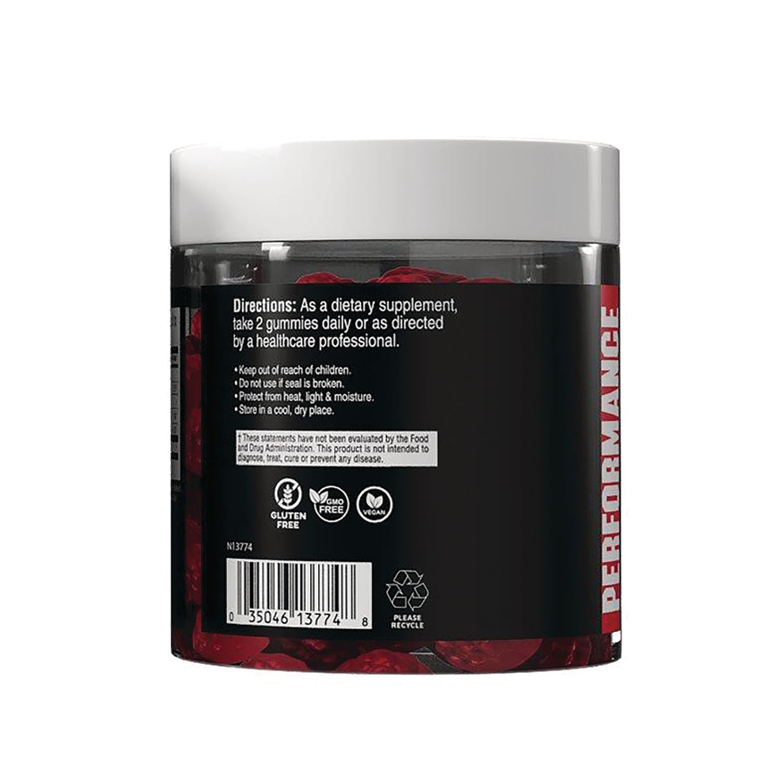 CYB003 | Back label of supplement jar with directions take 2 gummies daily, icons for gluten free GMO free vegan, barcode