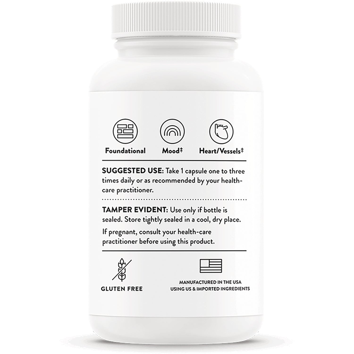 TRN002 | Back of supplement bottle with Suggested Use, Tamper Evident, Gluten Free, Manufactured in USA text