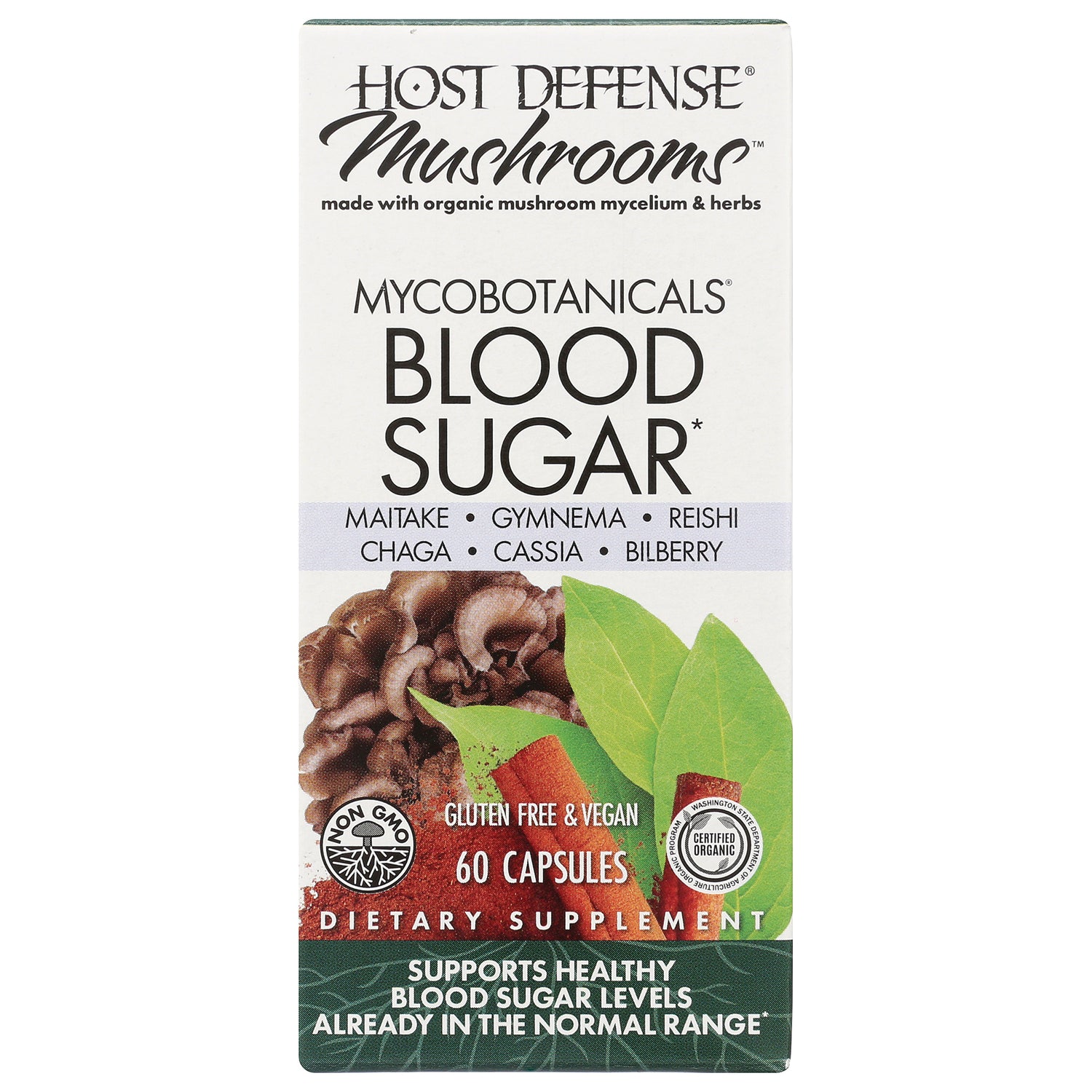 FUN014 | Host Defense Mushrooms Mycobotanicals Blood Sugar supplement box, 60 capsules, gluten free and vegan