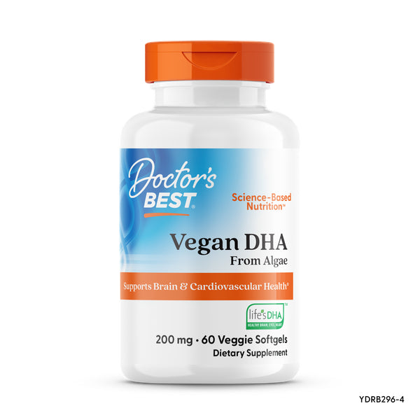 DB192 | Doctor's Best Vegan DHA from Algae white bottle label, 200 mg, 60 veggie softgels