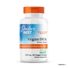 DB192 | Doctor's Best Vegan DHA from Algae white bottle label, 200 mg, 60 veggie softgels