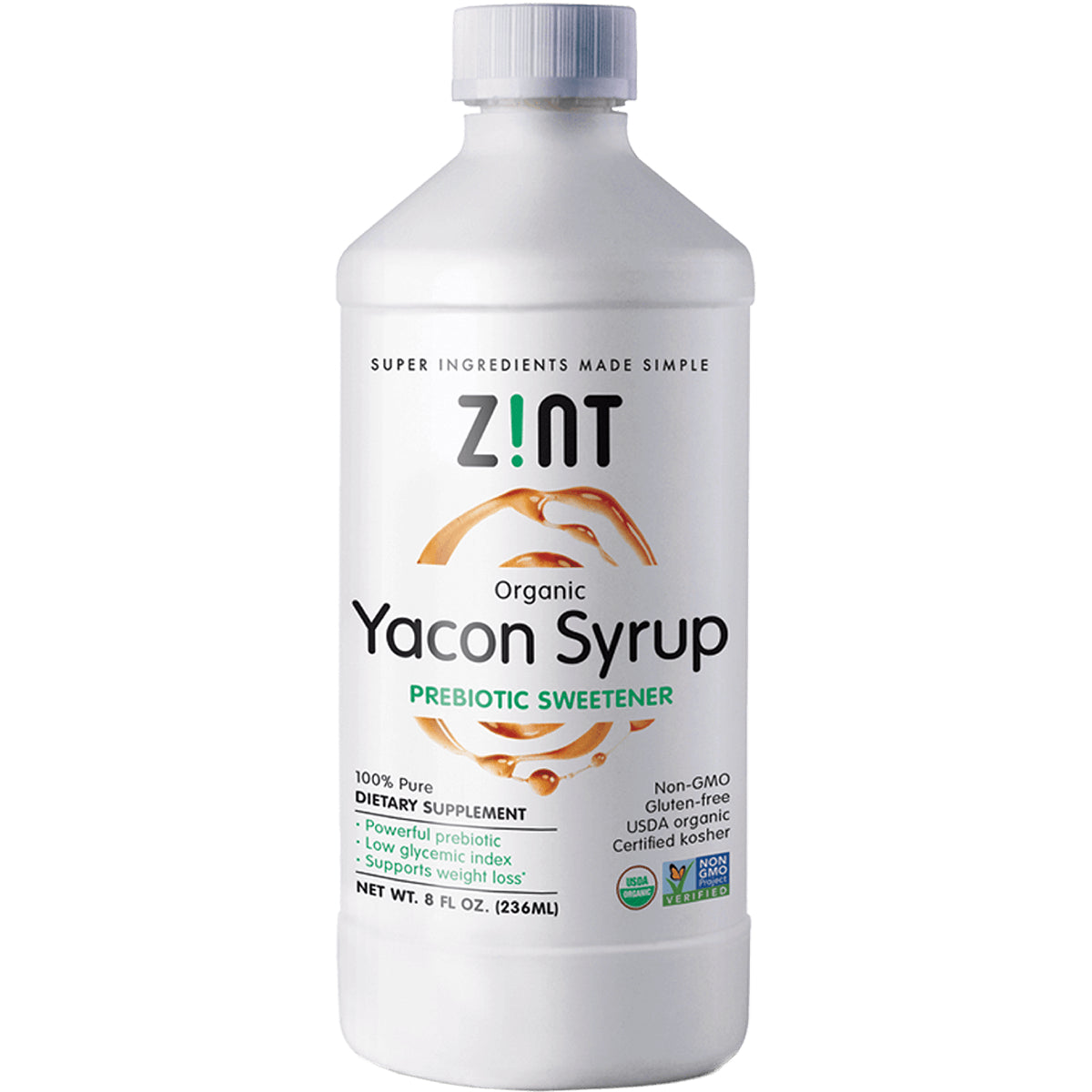 ZIN017 | Zint Organic Yacon Syrup bottle, Prebiotic Sweetener, 8 fl oz, USDA Organic, Non-GMO