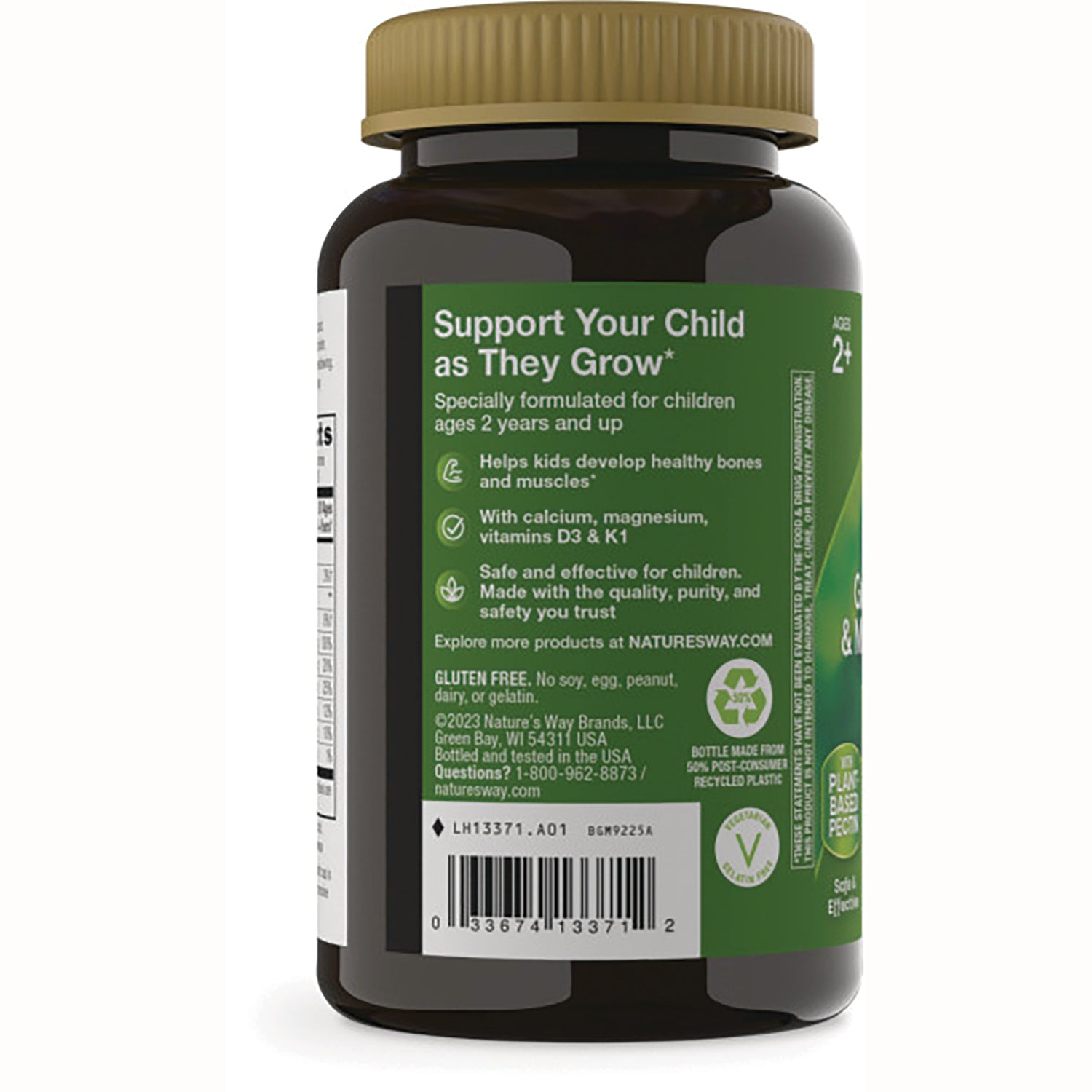 NW1009 | Back of children's supplement bottle label showing support message, benefits, gluten free claim and barcode