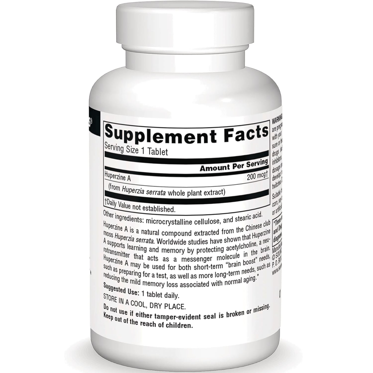 SN460 | Back label with Supplement Facts panel, serving size 1 tablet, Huperzine A 200 mcg