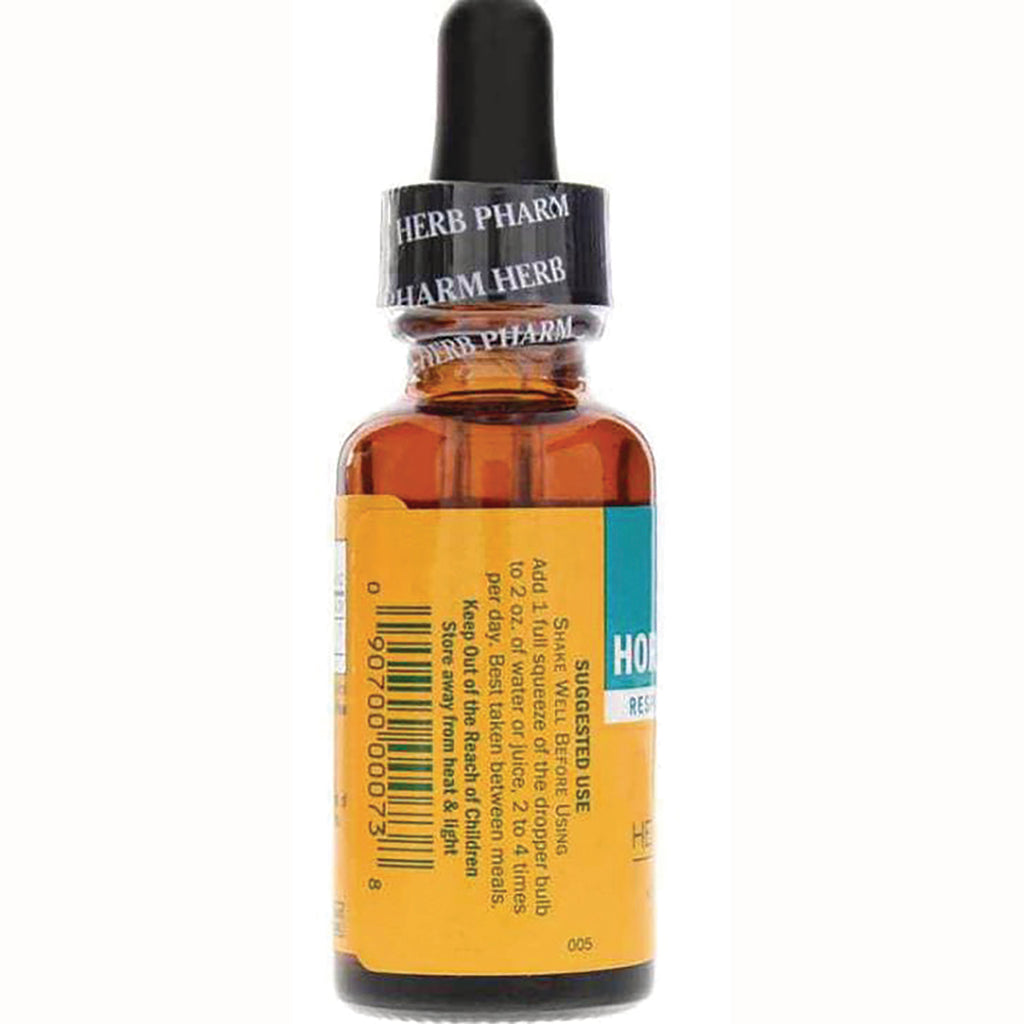HPH057 | Back of amber dropper bottle with yellow label showing barcode, suggested use text, and black Herb Pharm dropper cap - Thumbnail
