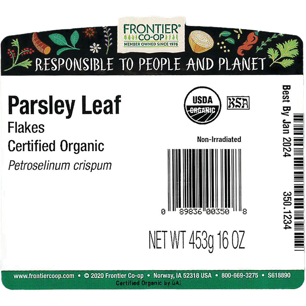 FNP073 | Back label of Frontier Co-op Parsley Leaf flakes showing USDA Organic logo, barcode, and NET WT 453g 16 OZ - Thumbnail