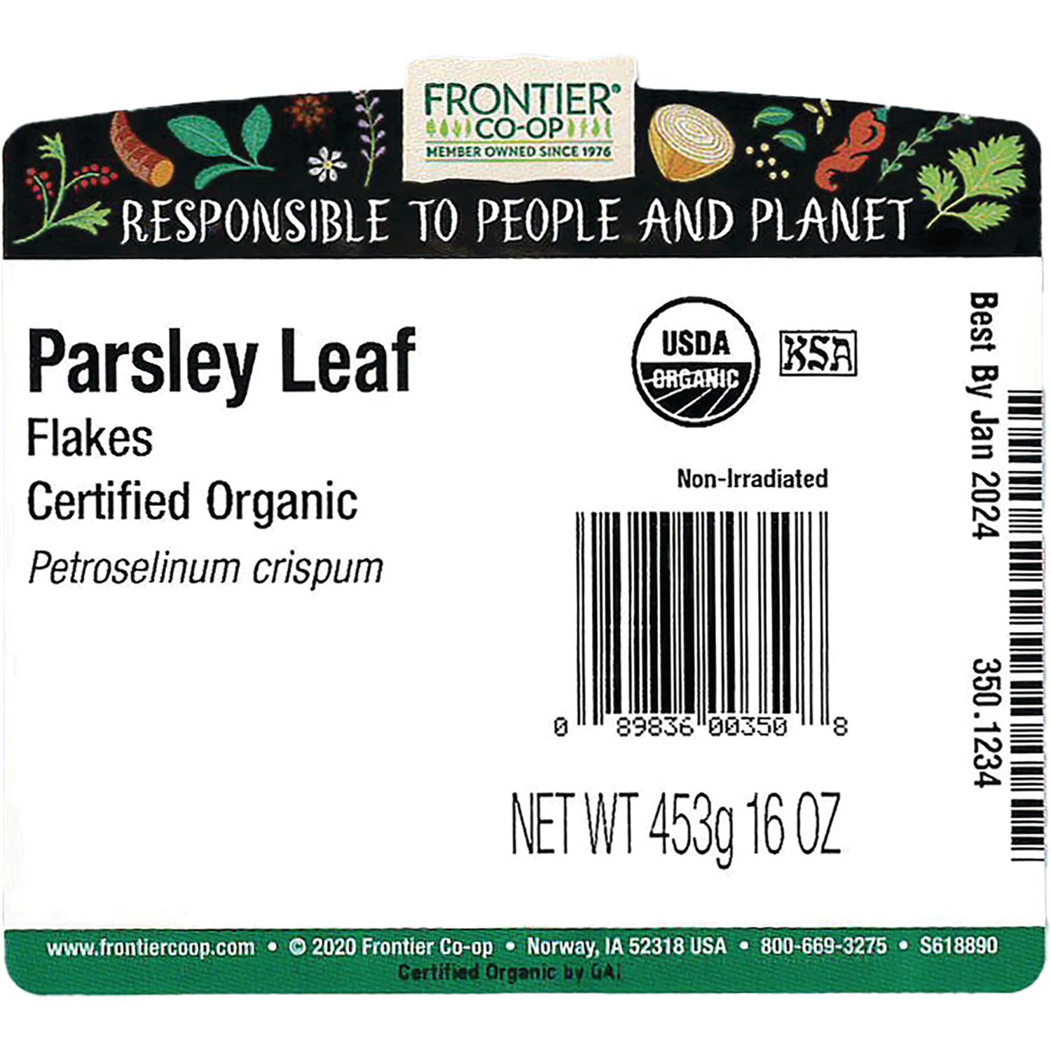 FNP073 | Back label of Frontier Co-op Parsley Leaf flakes showing USDA Organic logo, barcode, and NET WT 453g 16 OZ
