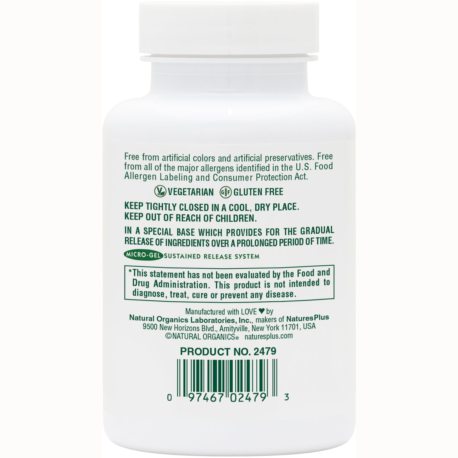 NTP131 | back label of white supplement bottle showing warnings, vegetarian and gluten free icons and barcode