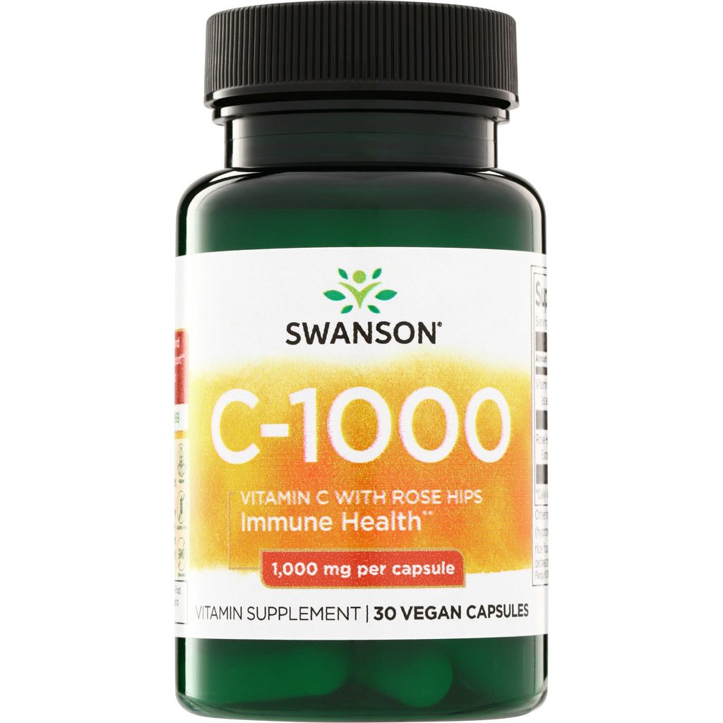 SW1251 | Swanson C-1000 vitamin C with rose hips, 1,000 mg per capsule, 30 vegan capsules bottle front - Thumbnail