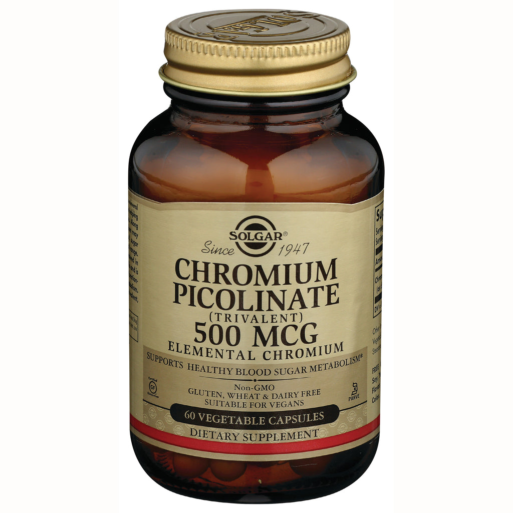 Solgar Chromium Picolinate 500 MCG amber bottle front label showing 60 vegetable capsules dietary supplement - Thumbnail