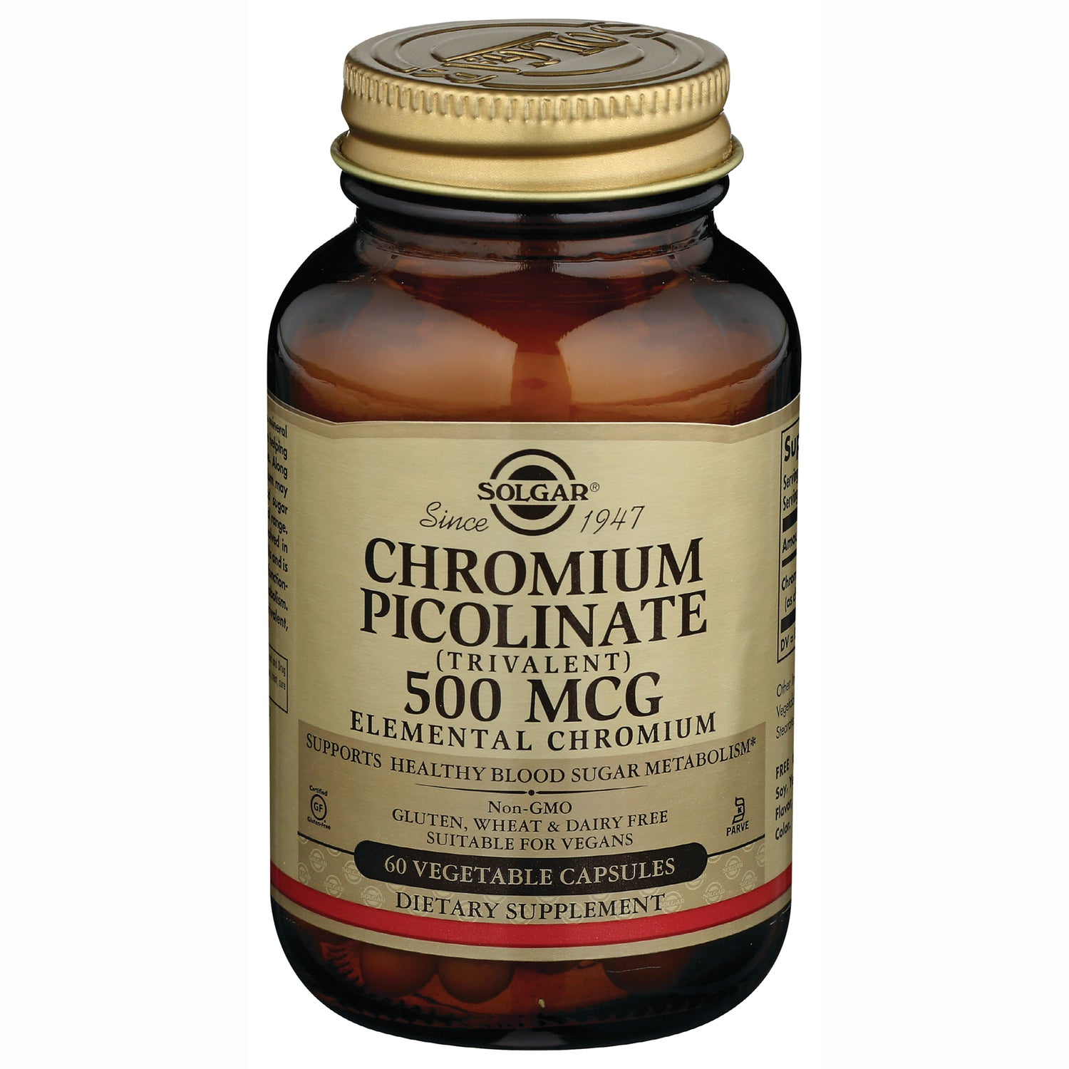 Solgar Chromium Picolinate 500 MCG amber bottle front label showing 60 vegetable capsules dietary supplement