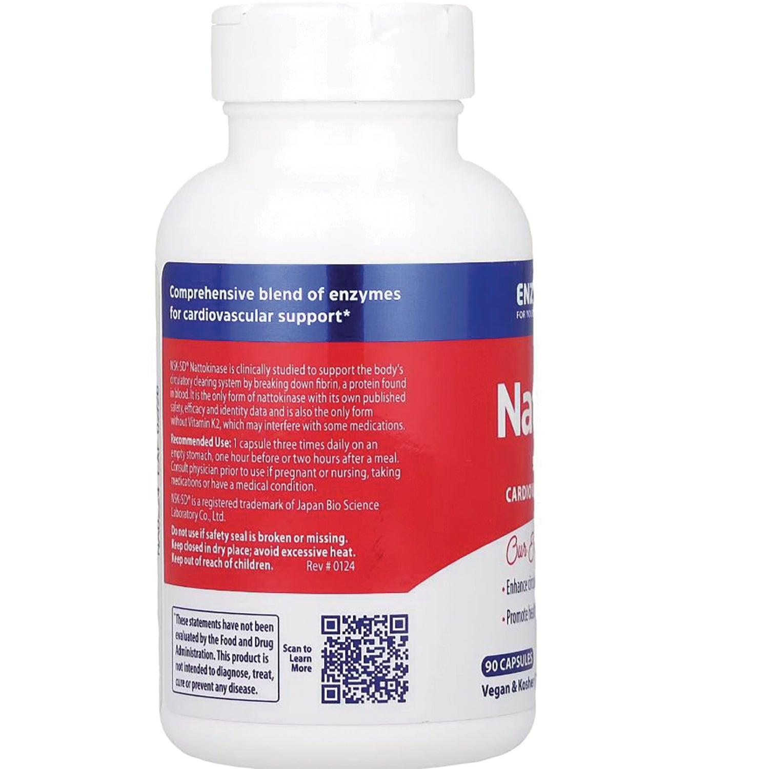 EMD018 | Back of white supplement bottle showing red label with usage instructions, QR code, and cardiovascular support claim