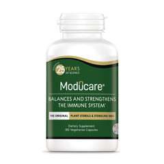 KY079 | Moducare supplement bottle front with green label reading balances and strengthens the immune system, 180 vegetarian capsules