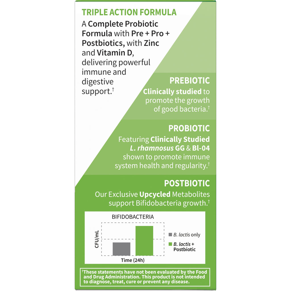 GLF370 | Back panel of probiotic box showing Triple Action Formula with prebiotic, probiotic, postbiotic sections and a Bifidobacteria bar chart - Thumbnail