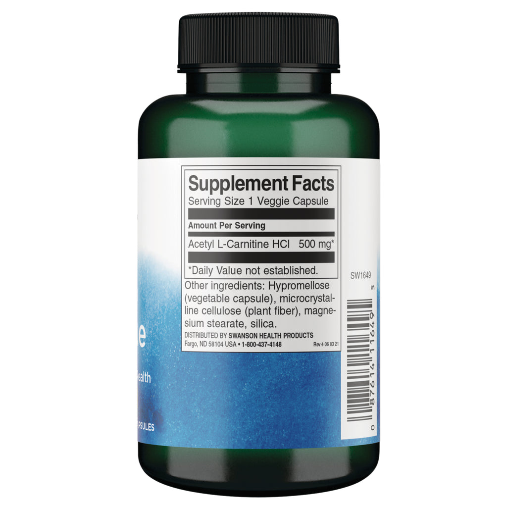SW1649 | Back label with Supplement Facts for Acetyl L-Carnitine HCl 500 mg capsule || SW1649 | Supplement Facts panel: Acetyl L-Carnitine HCl 500 mg per veggie capsule - Thumbnail