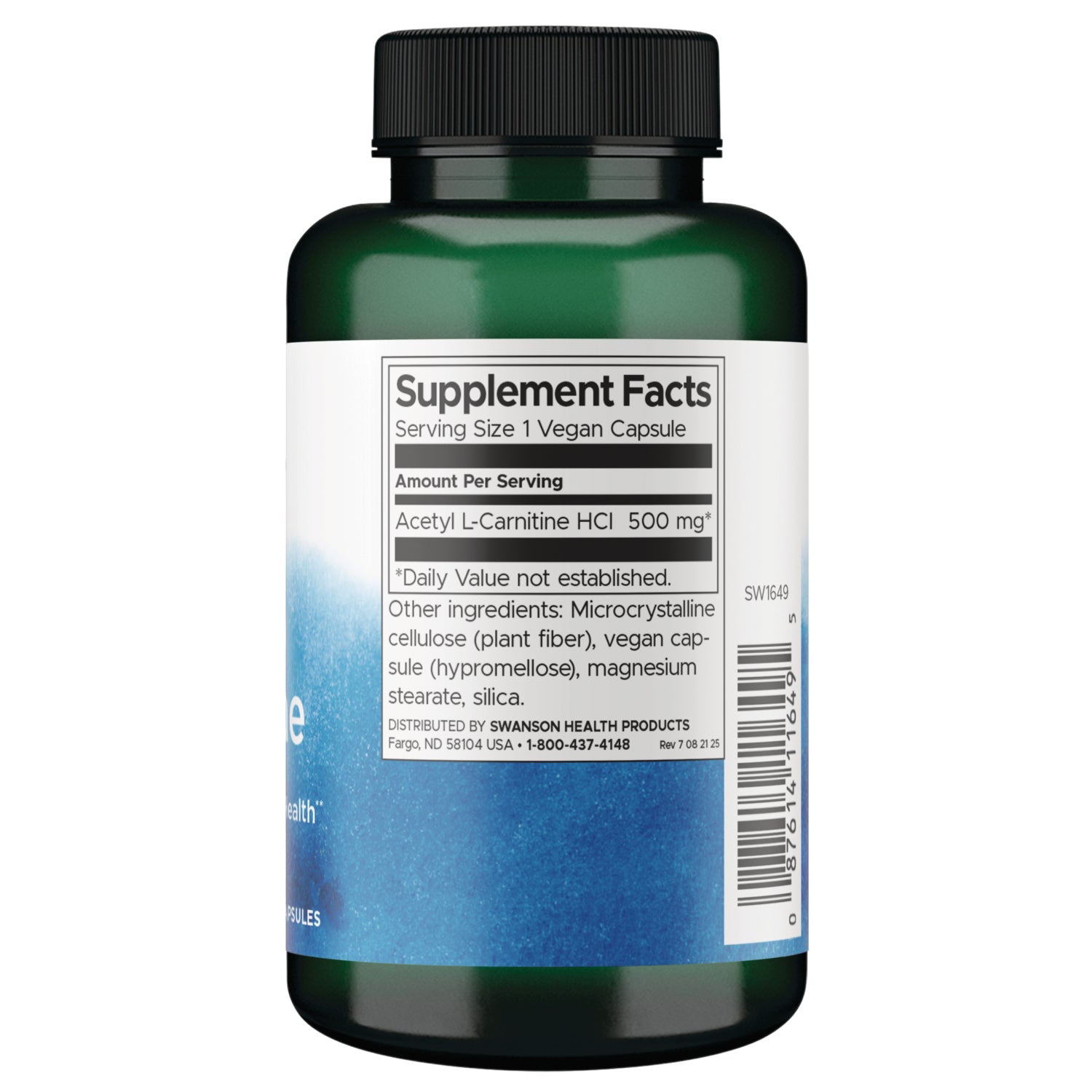 SW1649 | Back label with Supplement Facts for Acetyl L-Carnitine HCl 500 mg capsule || SW1649 | Supplement Facts panel: Acetyl L-Carnitine HCl 500 mg per veggie capsule