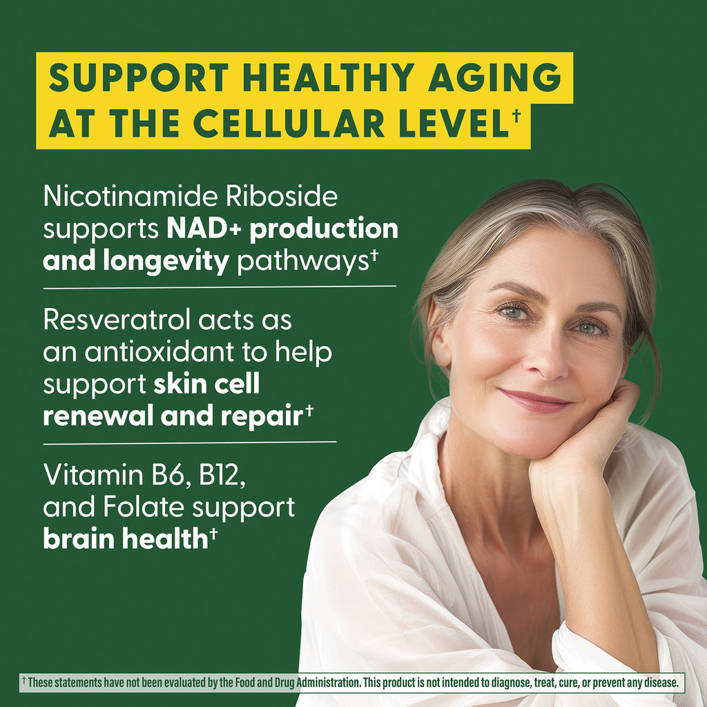 MGF150 | Infographic: nicotinamide riboside for NAD+ and longevity; resveratrol for skin repair; B6 B12 folate for brain health, smiling woman - Thumbnail