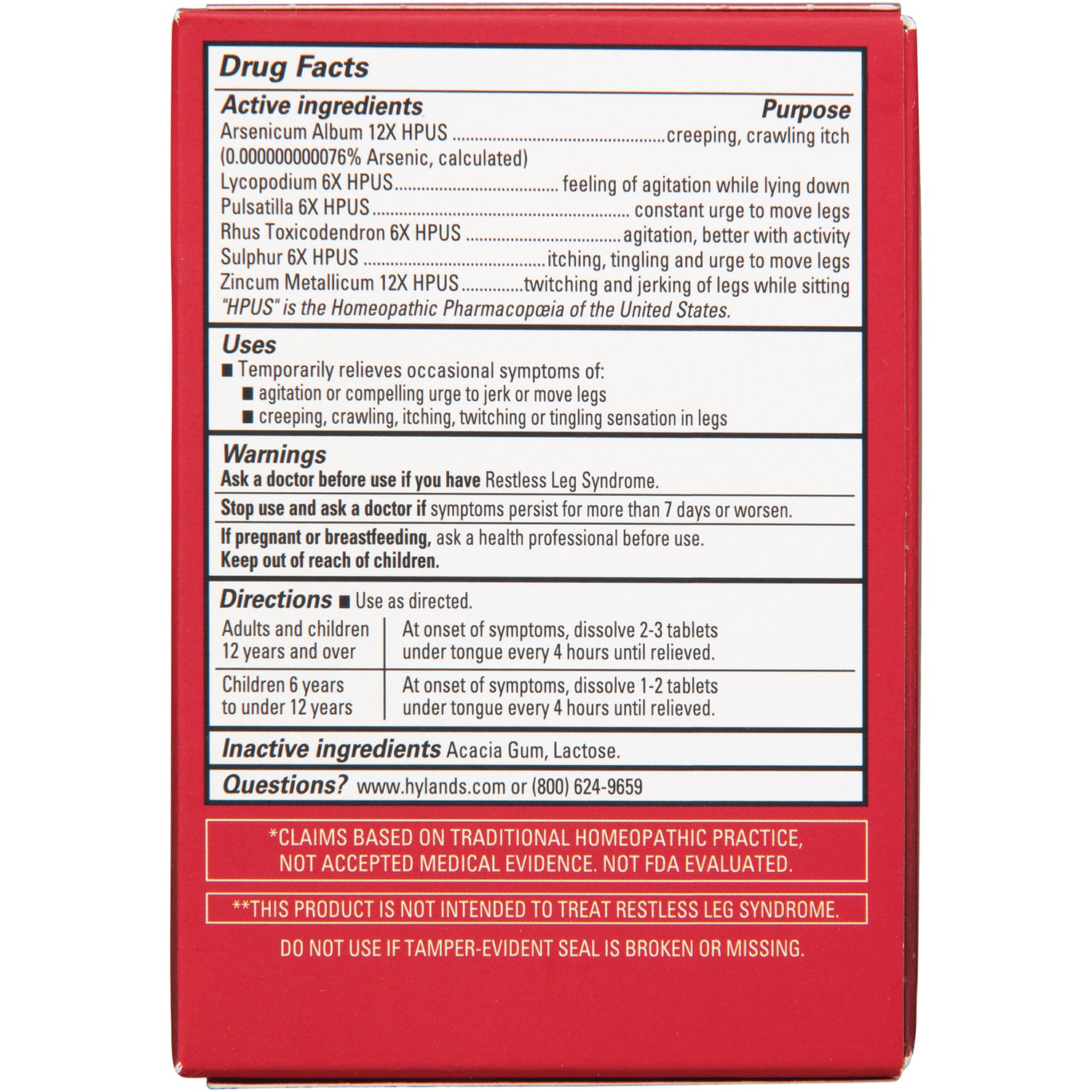 HY173 | back of red product box showing drug facts, active and inactive ingredients, warnings and directions