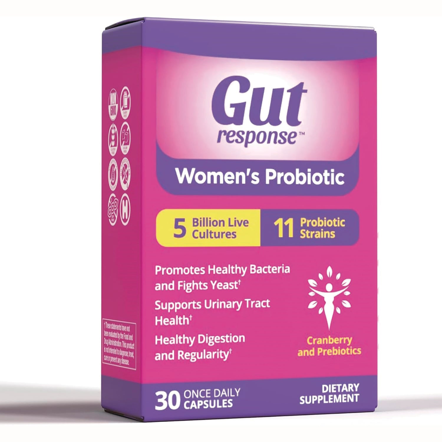 GTR003 | Gut response Women's Probiotic box front showing 30 once daily capsules, cranberry and prebiotics, 5 billion cultures, 11 strains