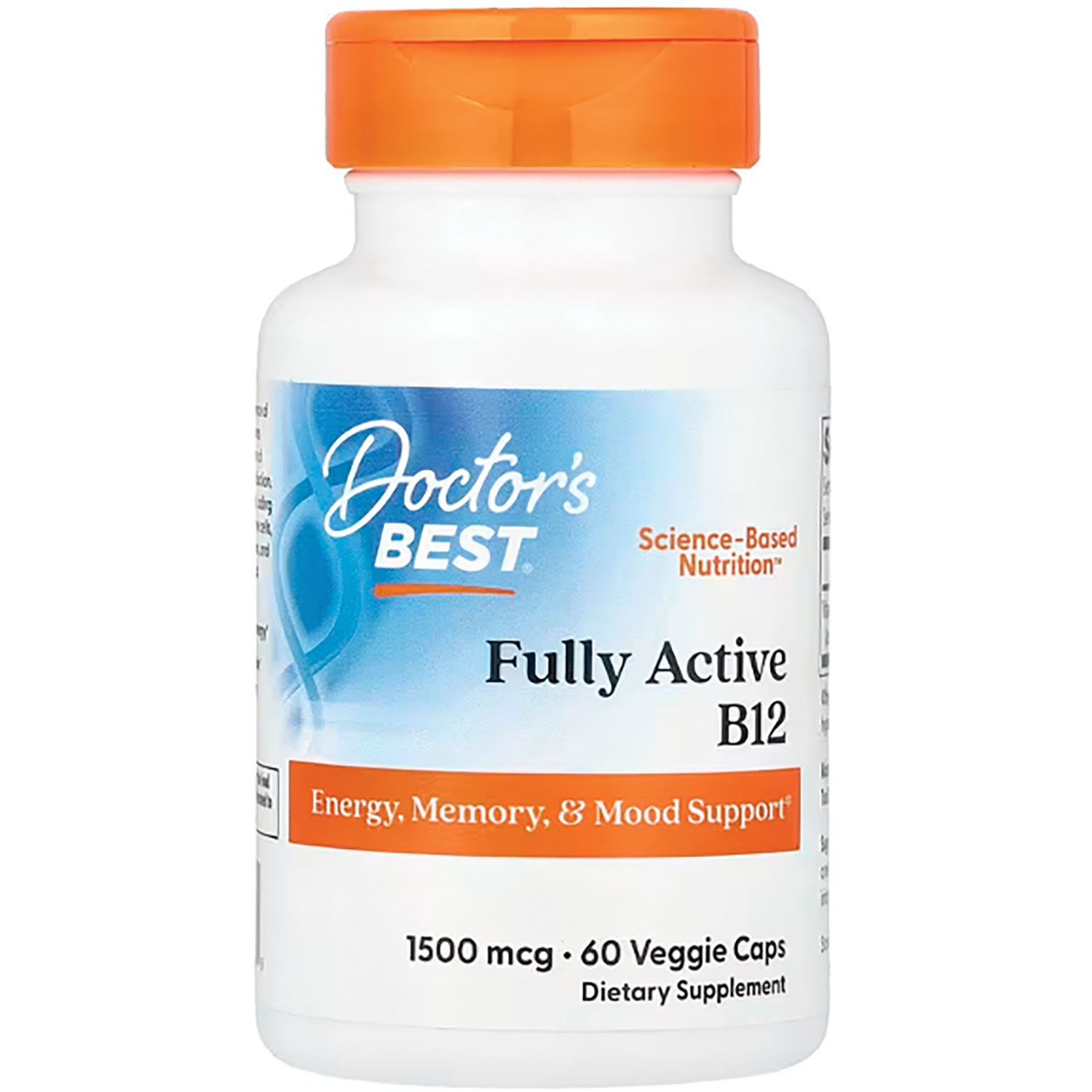 DB175 | Doctor's Best Fully Active B12 supplement bottle, 1500 mcg, 60 veggie caps, vegan