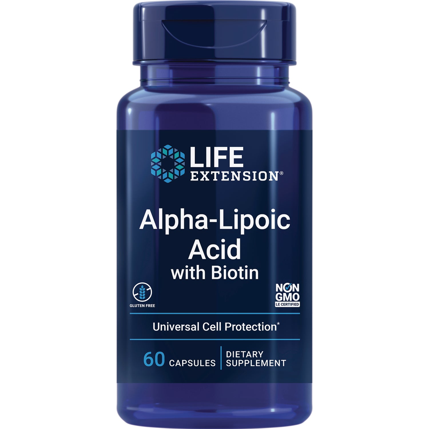 LE018 | Life Extension Alpha-Lipoic Acid with Biotin supplement bottle, 60 capsules