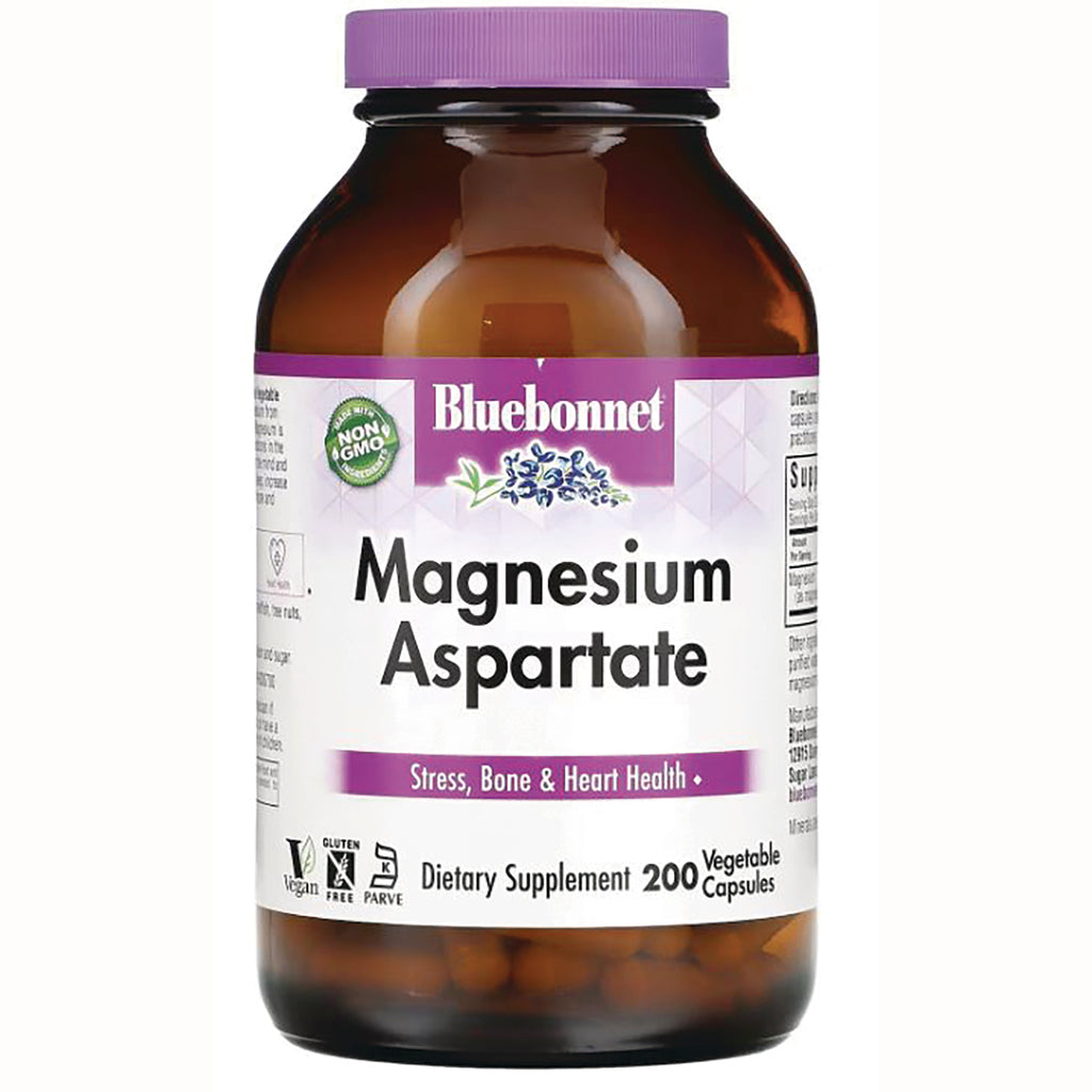 BLU097 | Bluebonnet Magnesium Aspartate bottle front, dietary supplement 200 vegetable capsules, Stress, Bone & Heart Health - Thumbnail