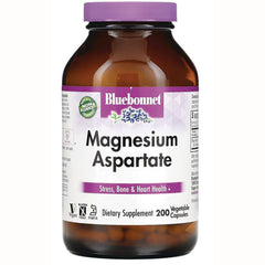BLU097 | Bluebonnet Magnesium Aspartate bottle front, dietary supplement 200 vegetable capsules, Stress, Bone & Heart Health