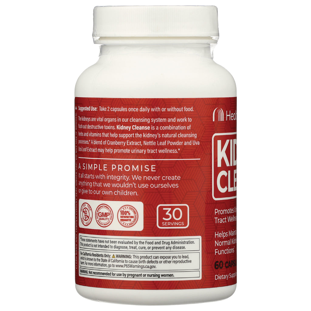 Back label of red Kidney Cleanse supplement bottle showing suggested use text, warnings, and 30 servings - Thumbnail