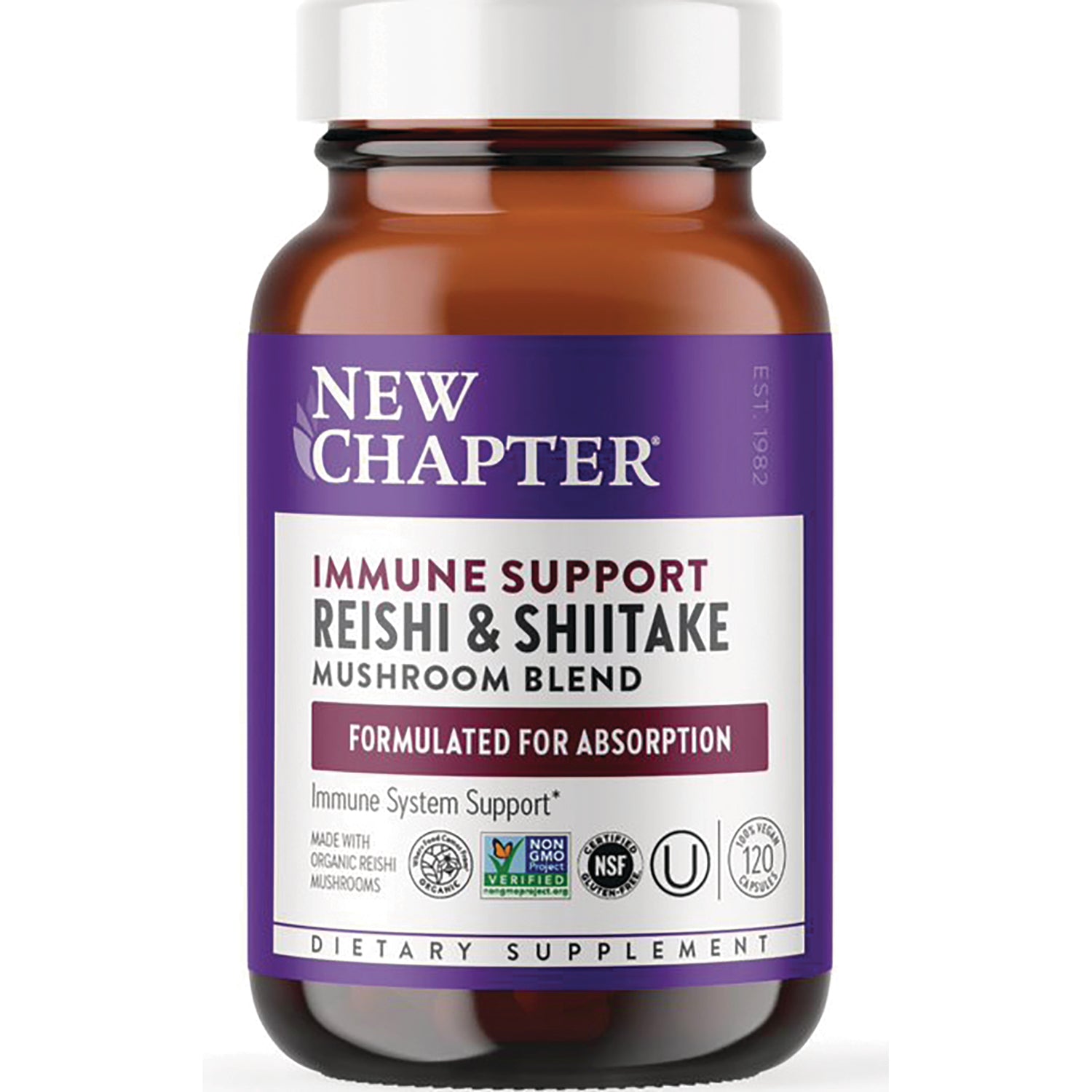 NWC314 | New Chapter Reishi & Shiitake mushroom blend bottle, front label showing immune support dietary supplement