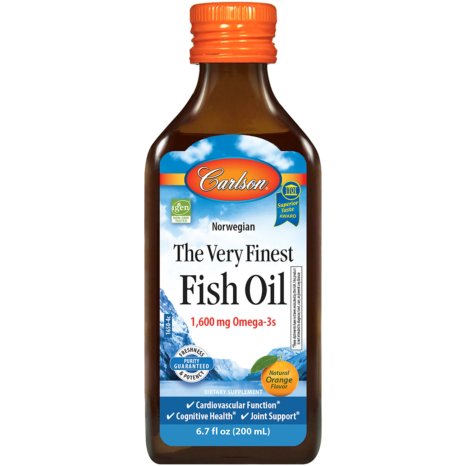 CSN006 | Carlson The Very Finest Fish Oil bottle, 1,600 mg Omega-3s, natural orange flavor, 6.7 fl oz