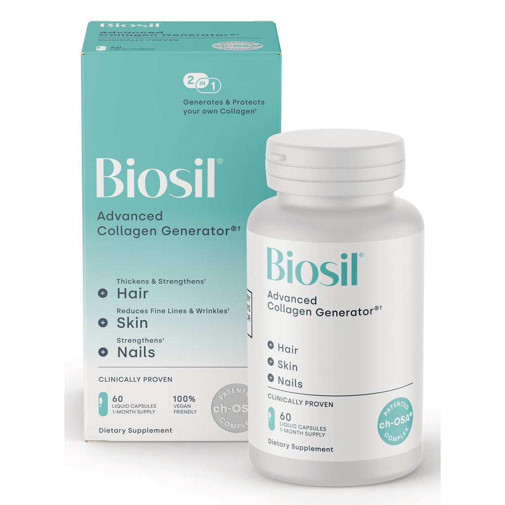 NFC215 | Biosil Advanced Collagen Generator bottle and box labeled Hair Skin Nails, 60 liquid capsules - Thumbnail