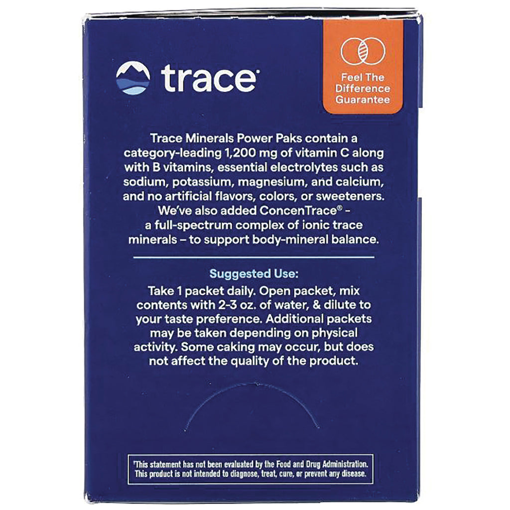TM014 | Trace Minerals Power Paks box back with Trace logo, Feel The Difference Guarantee, and Suggested Use directions - Thumbnail