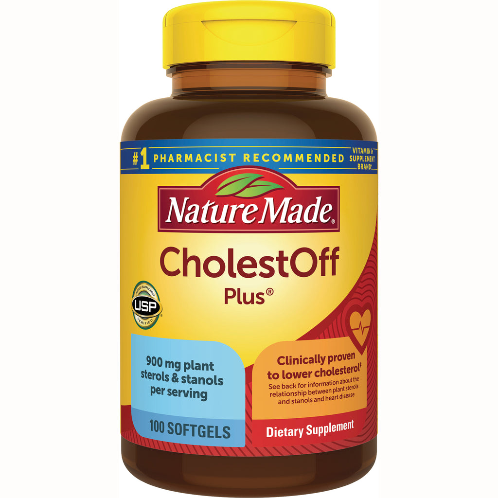 NTM162 | Nature Made CholestOff Plus dietary supplement bottle, 100 softgels, yellow label reads 900 mg plant sterols & stanols per serving - Thumbnail