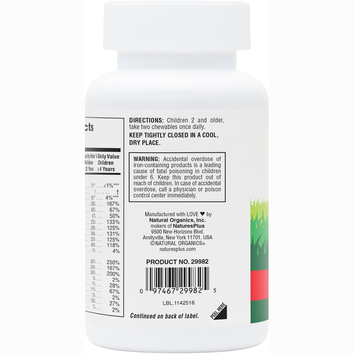 NTP004 | back label of white supplement bottle showing directions, warning box and barcode PRODUCT NO. 29982