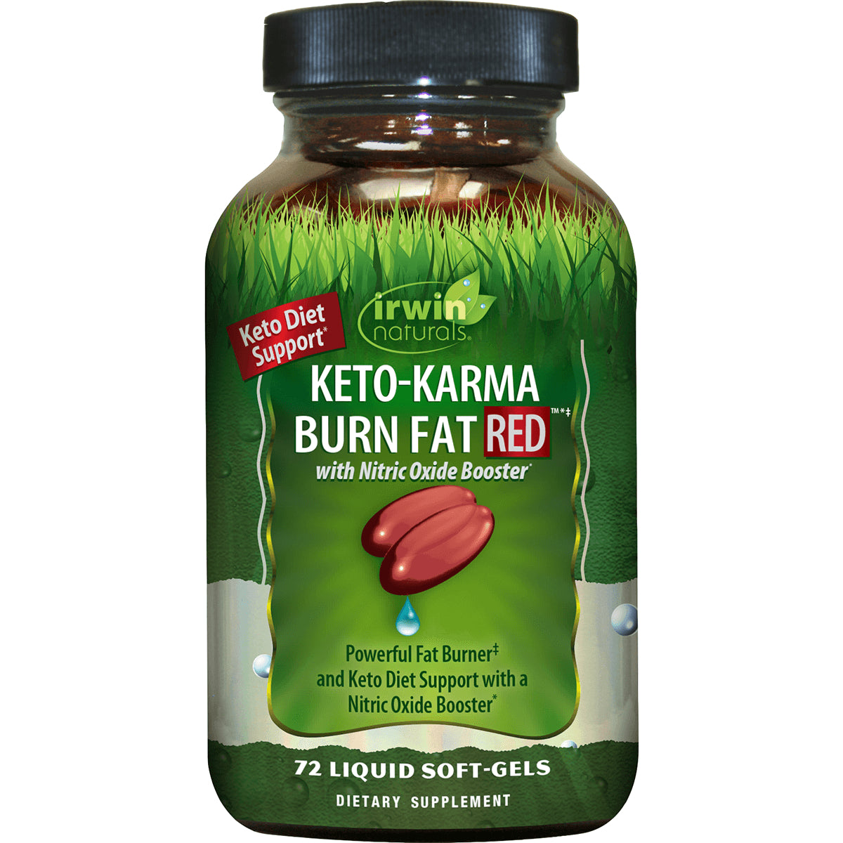 IR166 | Irwin Naturals Keto-Karma BURN FAT RED bottle with green label reading KETO-KARMA BURN FAT RED, 72 liquid soft-gels
