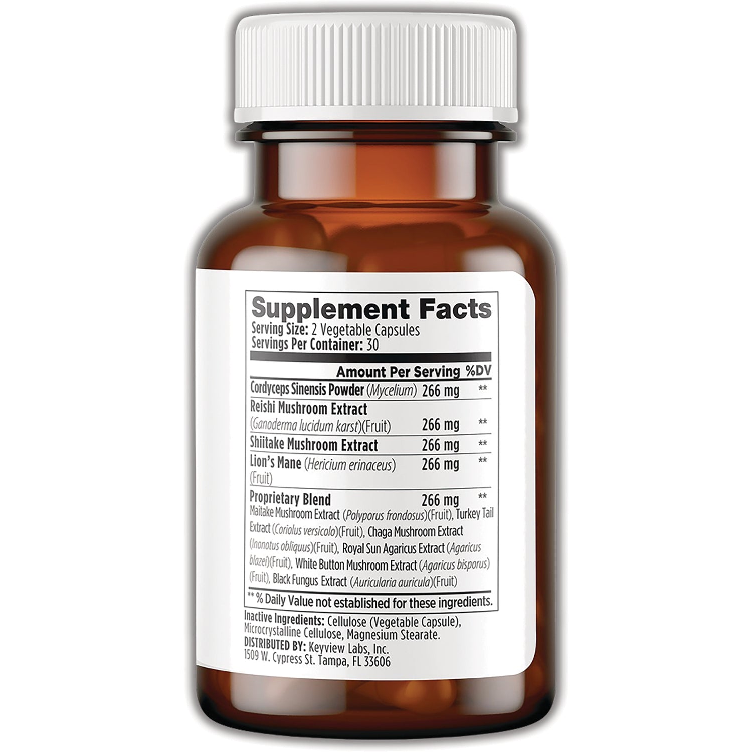 PRC009 | Back of brown supplement bottle with Supplement Facts label showing serving size, ingredients and proprietary blend